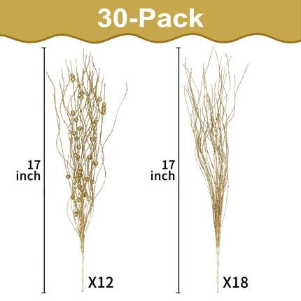 SUPREME XMAS 30 Pack Gold Christmas Tree Ornaments Set, Artificial Glitter Berry Stem Ornaments Christmas Picks Branches for Xmas Tree Sticks Decorations Vase Wreath Holiday Wedding Party Home Decor