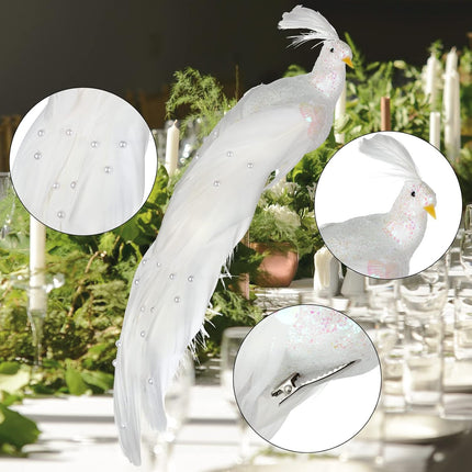 FQQWEE 6Pcs Artificial Feather White Peacock Birds with Clip Artificial Peacock Sequin Birds Clip on Christmas Tree Ornaments Simulation White Feather Peacock Crafts Xmas Tree Decor (6Pcs)