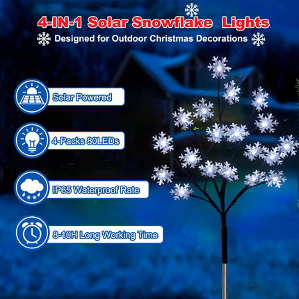 est 4-Pack 80LEDs Solar Christmas Snowflake Stake Lights, 8 Modes Solar Snowflake Outdoor Christmas Decorations Lights, Waterproof Solar Christmas Outdoor Lights for Garden Yard Pathway Walkway