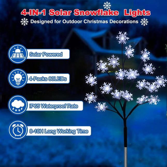 est 4-Pack 80LEDs Solar Christmas Snowflake Stake Lights, 8 Modes Solar Snowflake Outdoor Christmas Decorations Lights, Waterproof Solar Christmas Outdoor Lights for Garden Yard Pathway Walkway