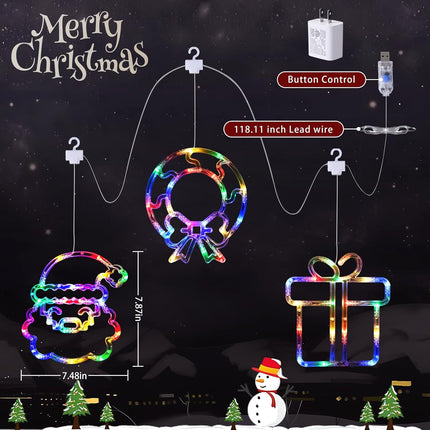 LOLStar Christmas Decorations, 3 Pack Multicoloured Wreath, Box, Santa Claus Christmas Window Lights, 8 Flashing Modes USB Powered Curtain Lights for Year, Indoor, , Party Supplies