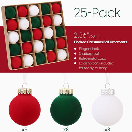 Sea Team 25-Pack Flocked Velvet Christmas Tree Ball Ornaments Set, Decorative Hanging Baubles, Shatterproof Plastic Decorations for Xmas Tree, Wreath, Garland, 60mm/2.36 Inches, Elf
