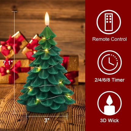 DRomance Christmas Tree Flameless Candles String Lights with 11-Key Remote and Timer, 2 Pack Green Real Wax Battery Operated 3D Wick LED Flickering Candles Dinner Holiday Indoor Decor(3" x 7.1")