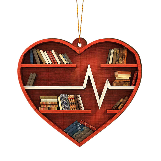 Book Lovers Heart Shaped Bookcase Christmas Wooden Ornament 2D Flat (Not 3D Ornament), Reading Christmas Ornament Tree Decor, s for Reading Lovers Bookworm Librarian, Car Accessories (04)