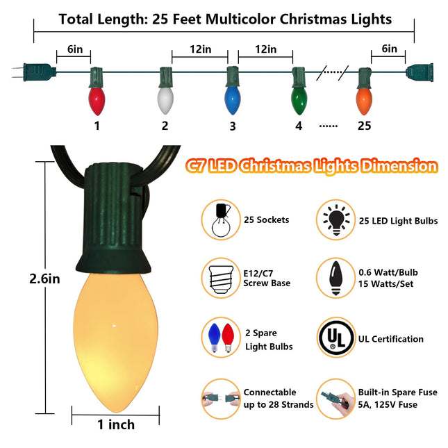 25Ft LED Multicolor Christmas Lights C7 Vintage Christmas Lights Outdoor with 27 Multicolor Ceramic LED Bulbs(2 Spare), Old Fashioned Christmas Lights for Holiday, Party, Wedding, Christmas Decor