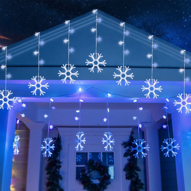 Minetom Christmas Snowflake Icicle Lights Outdoor - Plug-in 7ft 7 Drops 80LED Snowflake Lights, Connectable for Outdoor Porch Eaves Roof Pergola Canopy Christmas Decor (Blue and White)
