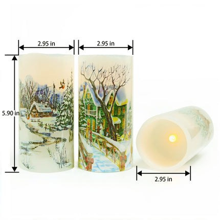 Christmas Flameless Candles Real Wax LED Candles Decor Battery Operated with Timer and Green Christmas Tree Decal,Set of 3,Warm Light