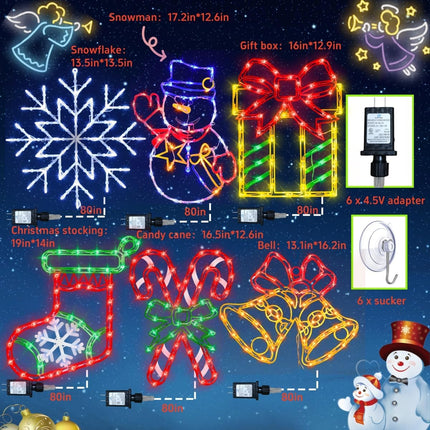 16" Christmas Window Silhouette Lights Decorations - 6 Pack Colour Lighted Candy Cane ＆ Snowman ＆ Christmas Stocking ＆ Bell ＆ Box ＆ Snowflake for Holiday Wall Door Window Decorate