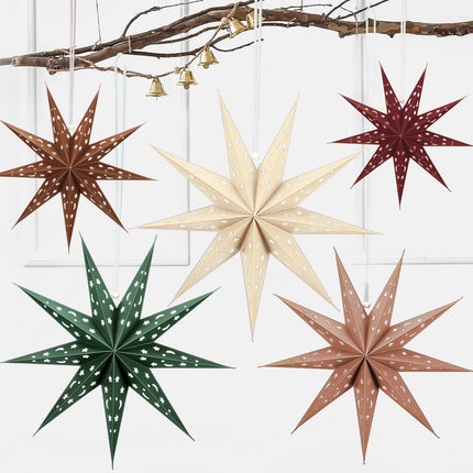 5 Set Christmas 3D Paper Star Lantern 9 Pointed Hanging Star Paper Lantern 24 Inch Hollow Star Paper Lantern Lampshade for Xmas Wedding Birthday Party Decor(Brown, Green, Beige, Red)