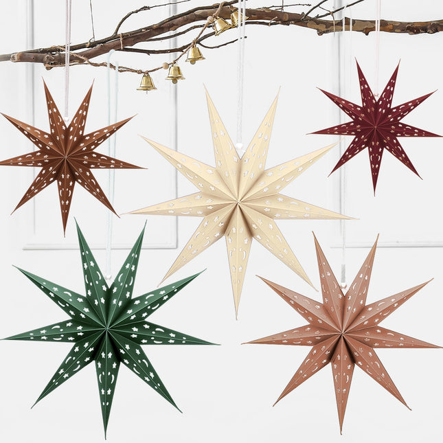 5 Set Christmas 3D Paper Star Lantern 9 Pointed Hanging Star Paper Lantern 24 Inch Hollow Star Paper Lantern Lampshade for Xmas Wedding Birthday Party Decor(Brown, Green, Beige, Red)