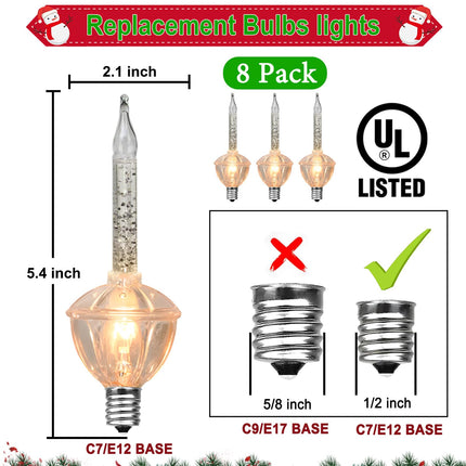 Christmas Bubble Lights, 8 Pack Christmas Clear Bubble Replacement Bulbs with Silver Glitter Liquid C7/E12 Candelabra Base Light Bulbs for Christmas Tree Indoor Outdoor Patio Porch Party Decoration