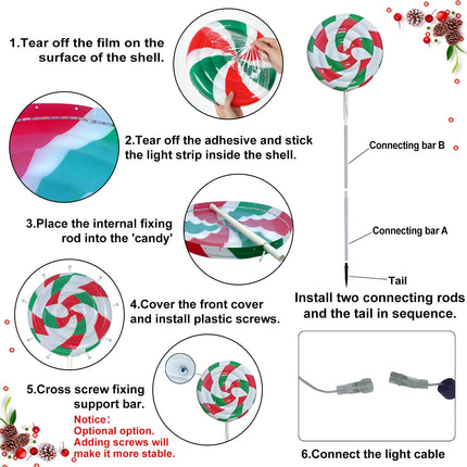 2Pcs 4ft/48 Large Christmas Lollipops Pathway Lights Outdoor 6 Modes Xmas Peppermint Candy Lights Candyland Decor Jumbo Giant Landscape Path Light for Outside Walkway Patio Yard Garden (Red White)