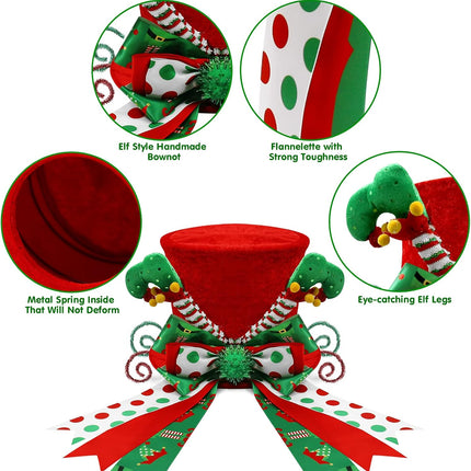 Christmas Elf Tree Topper Red Hat with Handmade Bows Elf Leg Ornament Winter Holiday Santa Home Decoration Xmas Wreath Festive Ideas Supplies