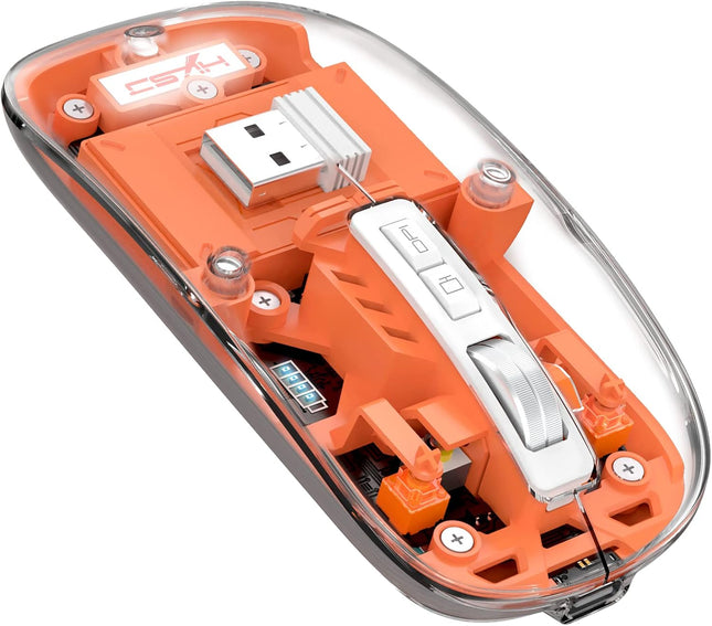 A.JAZZ Wireless Bluetooth5.1&2.4G Mini Lightweight Mouse,Transparent Clear Cool,Rechargeable Silent Computer Mice,Nano USB C Receiver,LED Battery Magic Silm For Office/PC/Mac/Laptop/Apple/ipad(Orange)
