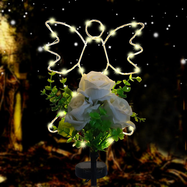 Lmtcos Solar Angel Lights for Cemetery Grave Decorations, Waterproof Angel with Rose Memorial Cemetery Lights, Solar Angel Grave Lights for Mother Day Father Day Memorial Day Christmas Grave Decor