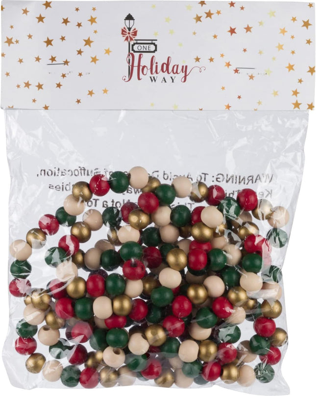 One Holiday Way 9-Foot Rustic Bright Red, Green, White and Gold Wood Bead Garland Christmas Tree Decoration - Decorative Vintage Style Wooden Beads for Everyday Chic Country Farmhouse Xmas Home Decor