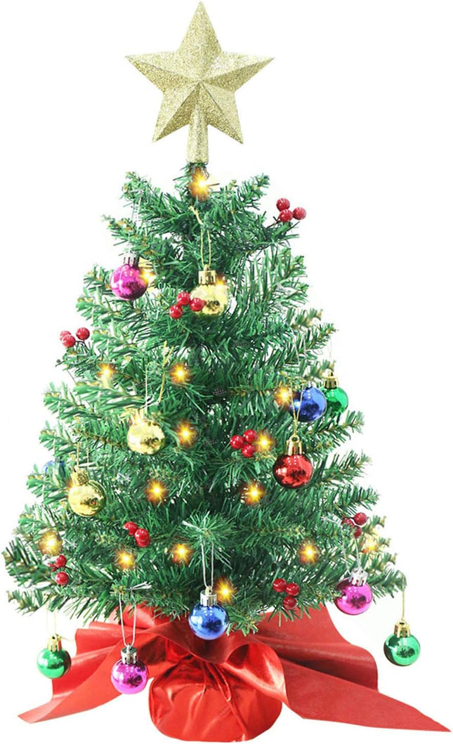 24 Inch Tabletop Christmas Tree, Artificial Mini Xmas Pine Tree with LED String Lights and Ornaments,Christmas Decoration Tree Decor