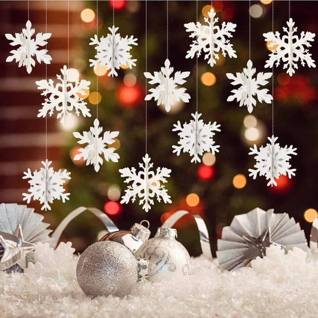 Winter Christmas Hanging Snowflake Decorations 12 Pcs Snowflakes Garland Hanging Snowflake for Christmas Winter Wonderland Holiday Year Party Home Decorations (White)