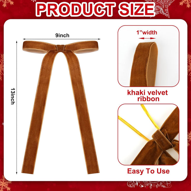24 Pcs Velvet Christmas Bows for Christmas Tree Rustic Crafts Bows Vintage Velvet Ribbon Bows for Xmas Home Outdoor Indoor(Khaki,9 x 13 Inch, Width of 1")