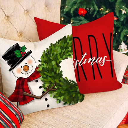 Red Christmas Pillow Covers 18x18 Set of 4 Farmhouse Christmas Decorations Snowman Wreath Santa Claus Tree Merry Christmas Holly Jolly Winter Holiday Decor Throw Cushion Case for Home Couch S22C17