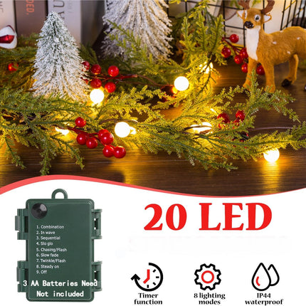 Quntis Christmas Garland with 20 Globe Lights, 2 Pack 5.7FT Artificial Red Berry Garland Christmas Decorations PineCones Bells, Lighted Garland for Mantel Door Fireplace Table Holiday Indoor Outdoor