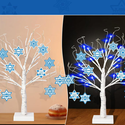 24'' Hanukkah LEDs Lighted Birch Tree with 12pcs Ornaments,Blue Lights Tabletop Pre Lit Tree Light for Christmas Hanukkah Decor