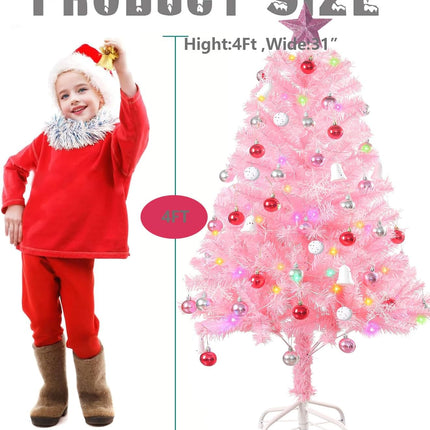 Pink Christma Tree 4 ft,Kids Christmas Tree,4 Ft Christmas Tree with Lights,Pink Christmas Decorations (Balls, Stars, and Ornaments) Small Christmas Tree with Lights 4ft