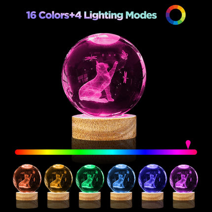 3D Cat Crystal Ball Night Light 3.15in K9 Cat Lamp with 16 Colors Change Wooden Base and Remote Control Christmas Cat s for Cat Lovers Girl Women Friends