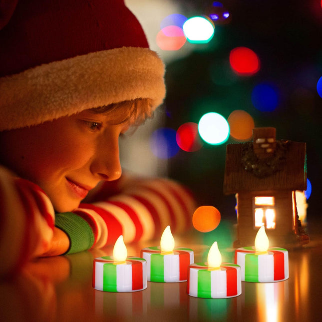 24 Pcs Christmas Candy Cane Tea Lights LED Flameless Candles Striped Battery Operated Flickering Candles Warm Yellow Light Candles Flameless Tealight Candles for Christmas Party (Red, Green)