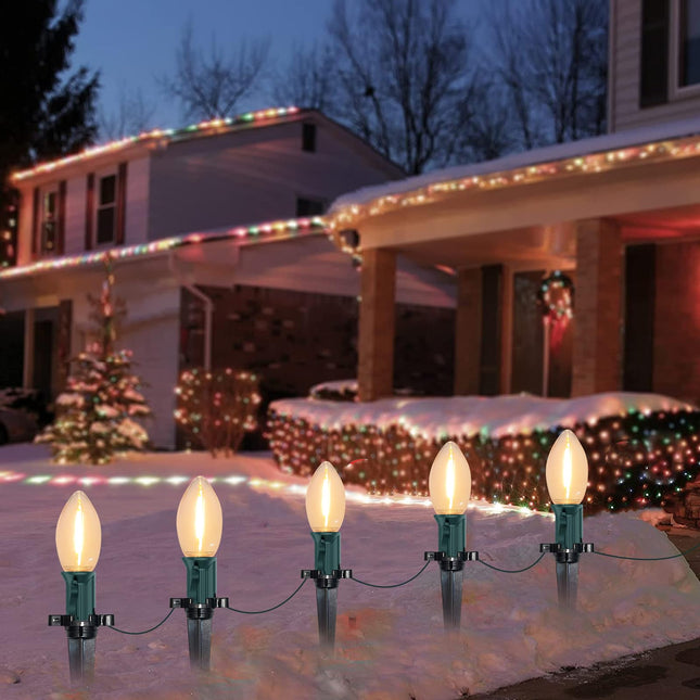 38FT LED Outdoor Christmas Pathway Lights,25 Warm White Extendable Waterproof Christmas Walkway Lights with C9 LED Bulbs and Stakes for Walkway Backyard Snowfield Christmas Decorations