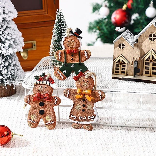 Gingerbread Christmas Decorations 3pcs Resin Hanging Xmas Ornaments Christmas Tree Decorations for Winter, Year Party Supplies, Wedding Home Kitchen Decor 3.5 Inch Tall