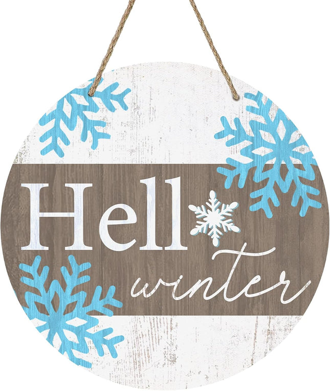 Deroro Hello Winter Sign for Front Door Decor, Winter Welcome Farmhouse Wood Door Hanger for Outdoor Outside Porch, Rustic Snowflakes Wooden Wreath Wall Hanging Decoration