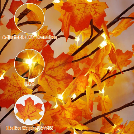 2FT 25LED Artificial Lighted Maple Tree,Timer Function Prelit Fall Decor Maple Tree with Warm White Light Lamp Battery Operated and USB for Indoor Outdoor Harvest Halloween Thanksgiving Day