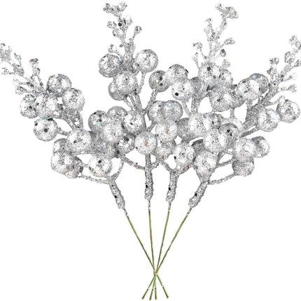 DearHouse 14 Pack Christmas Glitter Berries Stems, 7.8Inch Silver Artificial Christmas Picks for Christmas Tree Ornaments, DIY Xmas Wreath, Crafts, Holiday and Home Decor