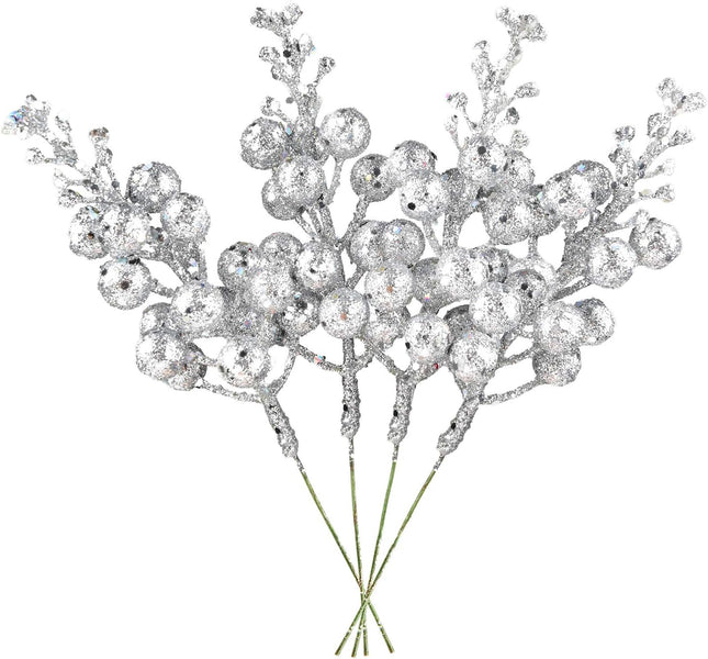 DearHouse 14 Pack Christmas Glitter Berries Stems, 7.8Inch Silver Artificial Christmas Picks for Christmas Tree Ornaments, DIY Xmas Wreath, Crafts, Holiday and Home Decor