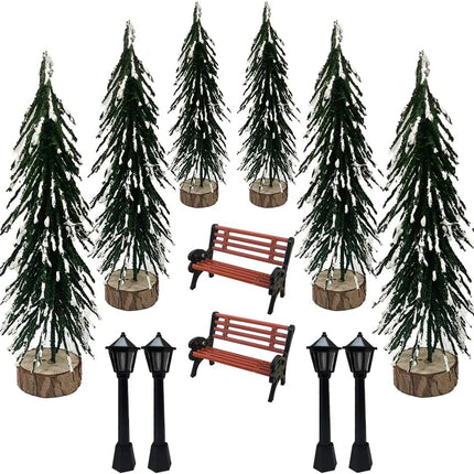 13 Pieces Mini Artificial Christmas Tree Set with Christmas Village Houses 4 Pieces Xmas Street Lamp Post and 2 Pieces Miniature Park Bench Seat for Christmas Table Top Decor