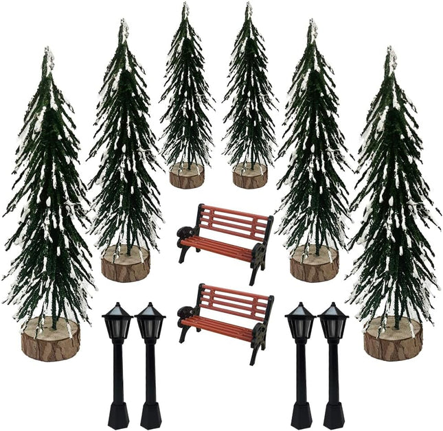 13 Pieces Mini Artificial Christmas Tree Set with Christmas Village Houses 4 Pieces Xmas Street Lamp Post and 2 Pieces Miniature Park Bench Seat for Christmas Table Top Decor