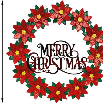 16” Metal Christmas Wreath for Front Door, Poinsettias Handcrafted Holiday Xmas Door Wreaths Clearance Porch Decorations
