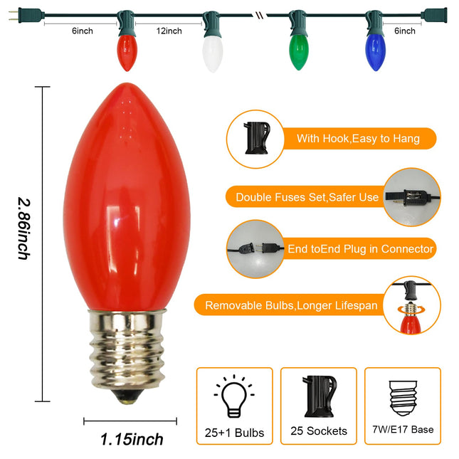 C9 LED Christmas Lights,25FT Vintage C9 Multicolor Christmas Lights Outdoor with 26 Colorful Ceramic LED Bulbs,Connectable Waterproof Christmas Lights for Outdoor Christmas Decorations Tree Garden Gar