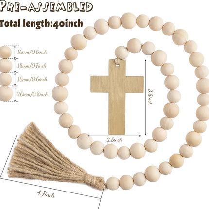L1rabe Easter Wooden Bead Garland - Easter Jesus Cross Ornaments Bead Decoration Easter Hanging Decor Fireplace Ornaments Farmhouse Tiered Tray Prayer Bead for Easter Spring Holiday Party