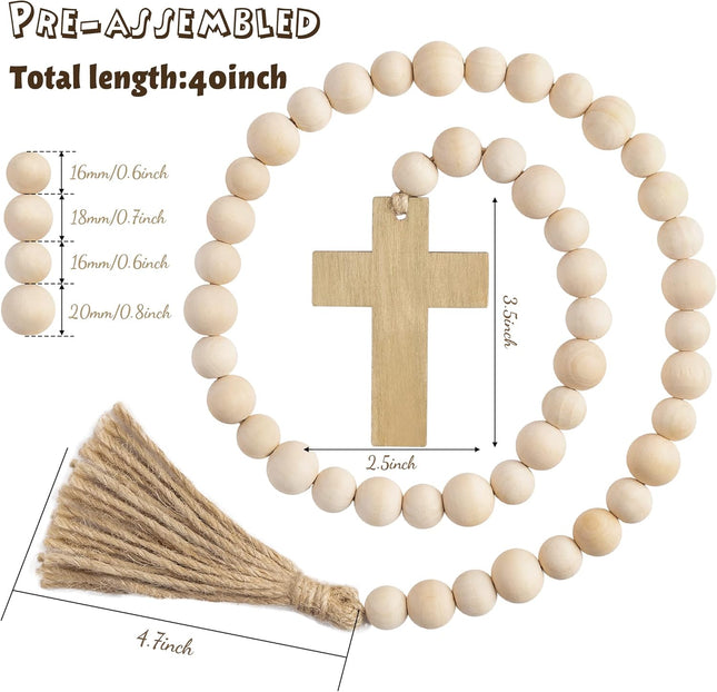 L1rabe Easter Wooden Bead Garland - Easter Jesus Cross Ornaments Bead Decoration Easter Hanging Decor Fireplace Ornaments Farmhouse Tiered Tray Prayer Bead for Easter Spring Holiday Party