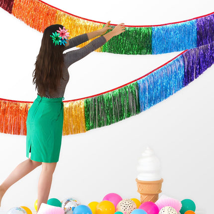 LOLStar Rainbow Foil Fringe Garland Party Decorations, 6 Feet Rainbow Tinsel Metallic Glitter Banner, Hanging Rainbow Table Skirts for Birthday Wedding Christmas Pride Month Parade Floats Decor