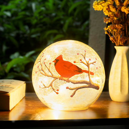 Crackle Glass Ball Cardinal Lamp with Timer, Light Up Red Cardinal Stained Glass Christmas Decor Accent Lamp, Lighted Red Bird Globe Glass Table Lamp, Orb Cardinal Night Light, Led Sphere Desk Lamp