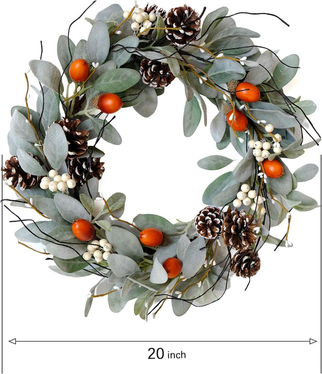 idyllic 20 Inches Fall Wreaths for Front Door Outside - Green Leaves Wreath with White Berry, Acorn & Pine Cone - Autumn Wreaths for Front Door Decor - Front Door Wreath for Fall Door Decor