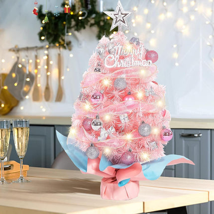 Small Mini Pink Christmas Tree with Light, 24 Inch/2Ft Tabletop Miniature Christmas Tree with Hanging Ornaments, Battery Operated Artificial Xmas Tree for Desk Christmas Home Party Decor