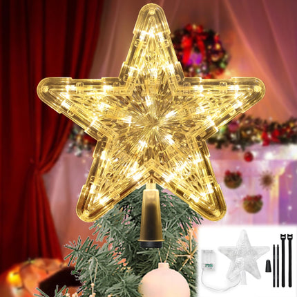Christmas Tree Topper Star with Topper Holder, Lighted Battery Powered Star Tree Topper, Rustic Lightweight Xmas Tree Top Star with Lights for Holiday Party Home Indoor Seasonal Decorations Ornaments