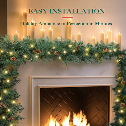 9FT Prelit Christmas Garland - with Pine Cone, Battery Operated Garland with Timer, Artificial Holiday Decor for Mantle Stairs Door Indoor Outdoor