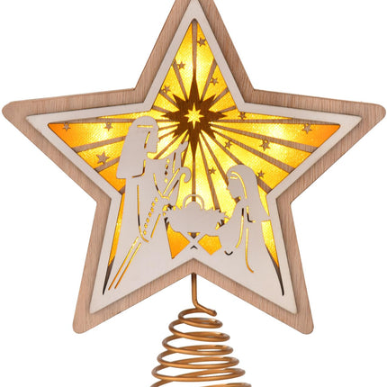 Christmas Star Tree Topper, Wooden 3D Star Glittered Hollow Plug-in Christmas Tree Topper Decoration with LED Light & 6-Hour Timer Function for Indoor Office Holiday Xmas 7.87" x 8.86" (White)