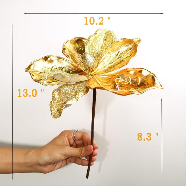 10" Velvet Poinsettias Artificial Christmas Flowers, 6pcs Large Glitter Christmas Poinsettia Picks, Floral Stems for Christmas Tree Wreath Garland Decorations DIY Ornaments (Gold