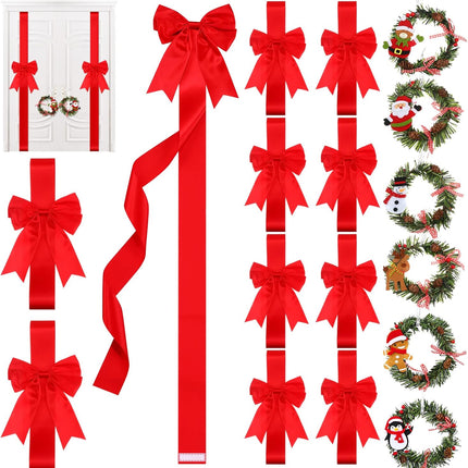 Ysleen 12 Pcs Christmas Cabinet Ribbon Bows and 6 Pcs Christmas Pine Wreath with Snowman Santa Claus Festive Large Xmas Bows Artificial Christmas Front Door Wreath for Christmas Party(Red)